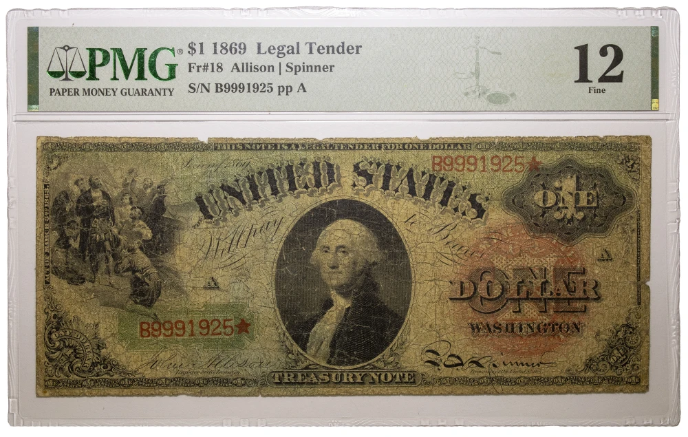 PMG F-12 1869 $1 Rainbow Note