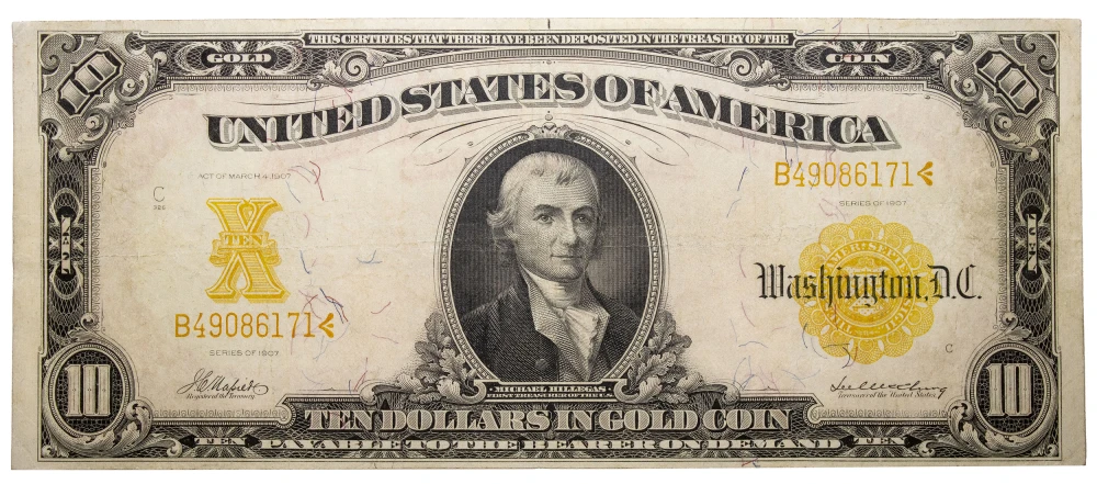 VF+ $10 1907 Gold Certificate