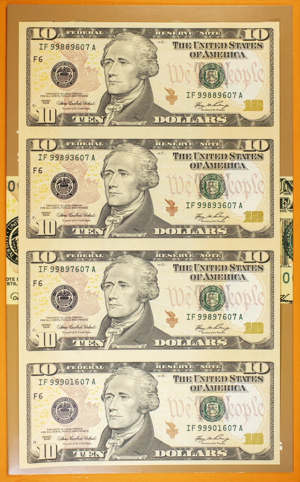 3 Four Note Uncut Currency Sheets