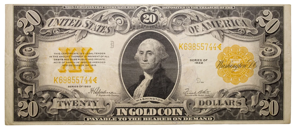 VF+ 1922 $20 Gold Certificate