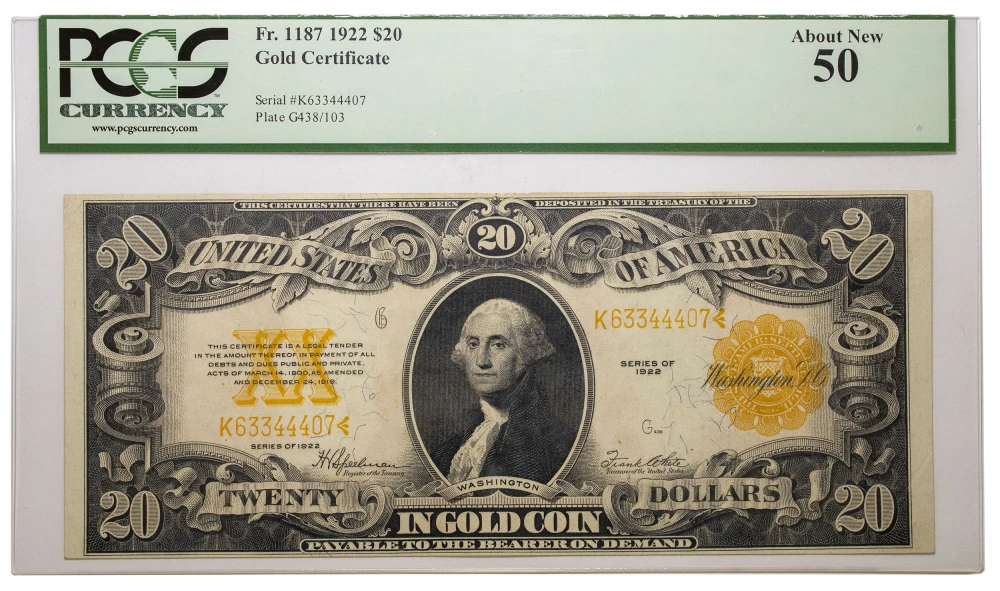 PCGS AU-50 1922 $20 Gold Certificate