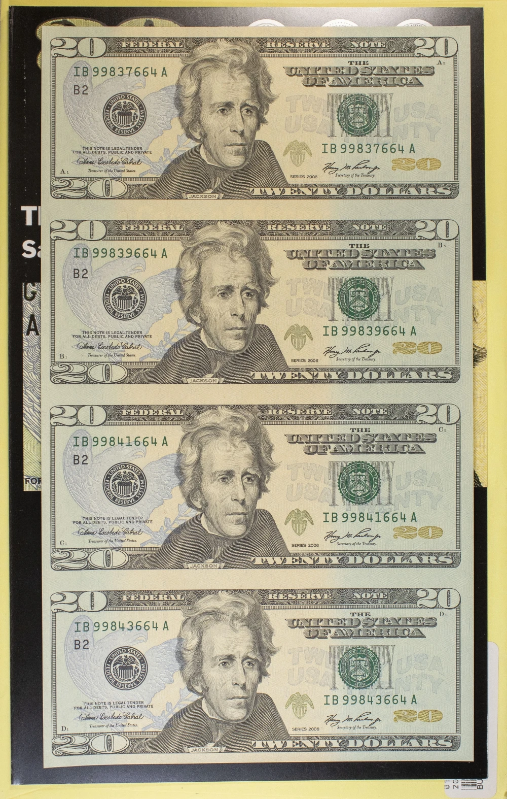 CU Uncut Sheet Of 2006 $20 FRN's