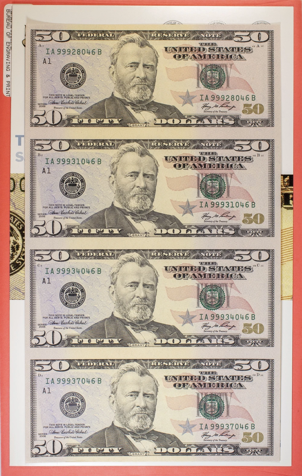 CU Uncut Sheet Of 2006 $50 FRN's