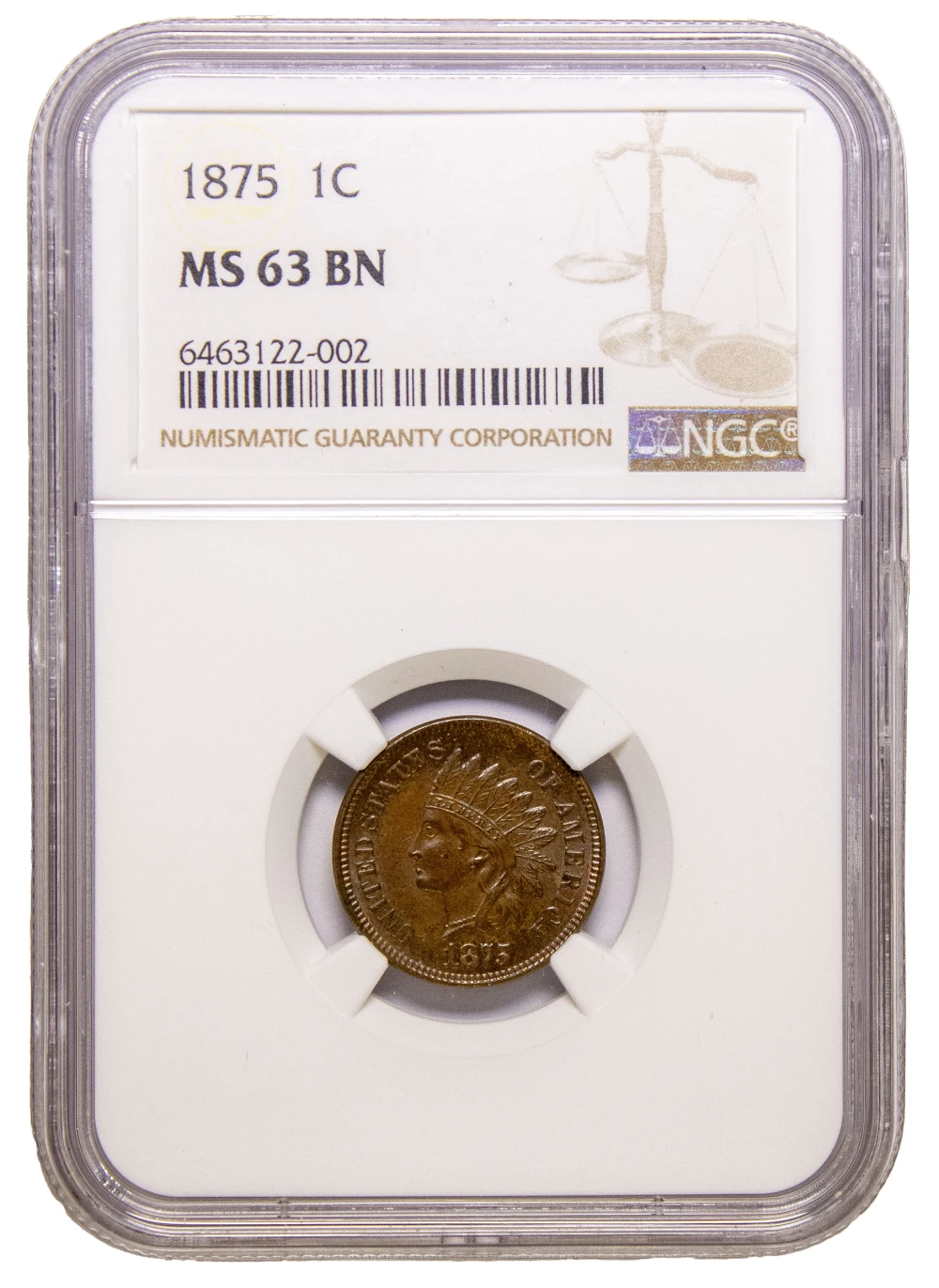 NGC MS-63 BN 1875 Indian Cent