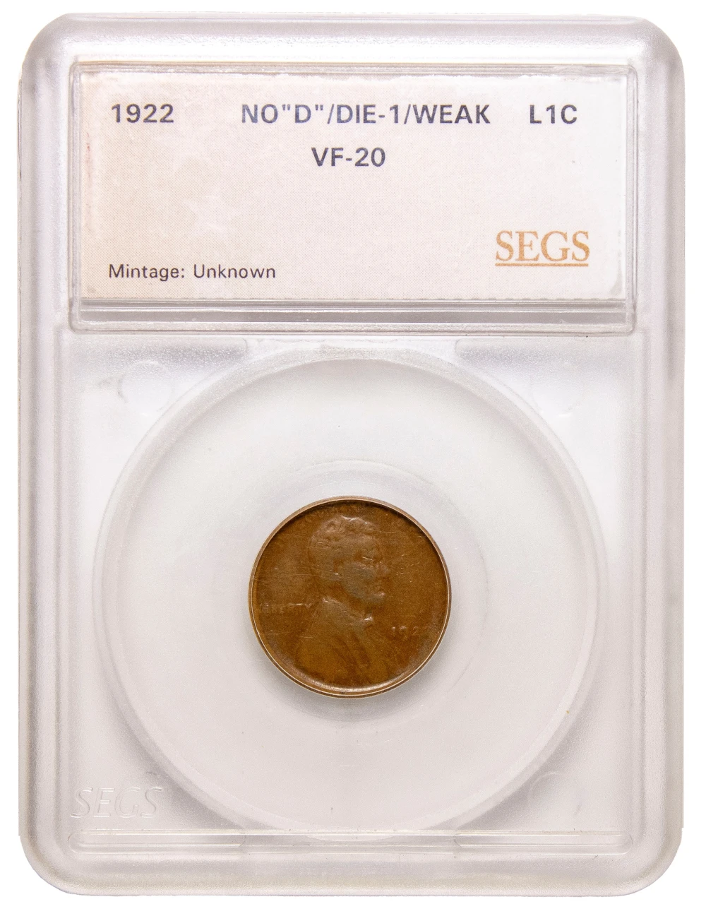 SEGS VF-20 1922 No D Weak Reverse Lincoln Cent