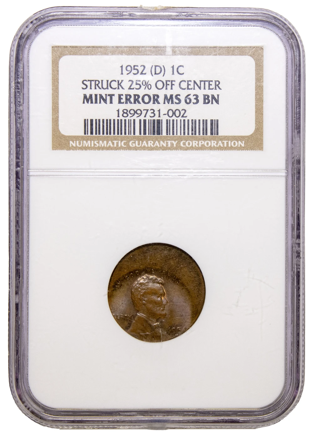 NGC MS-63 BN 1952-D Off Center Lincoln Cent
