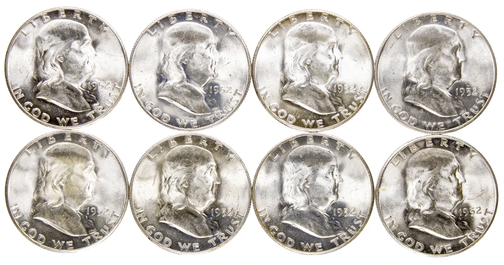8 Pcs Choice BU 1952-S Franklin Half Dollars