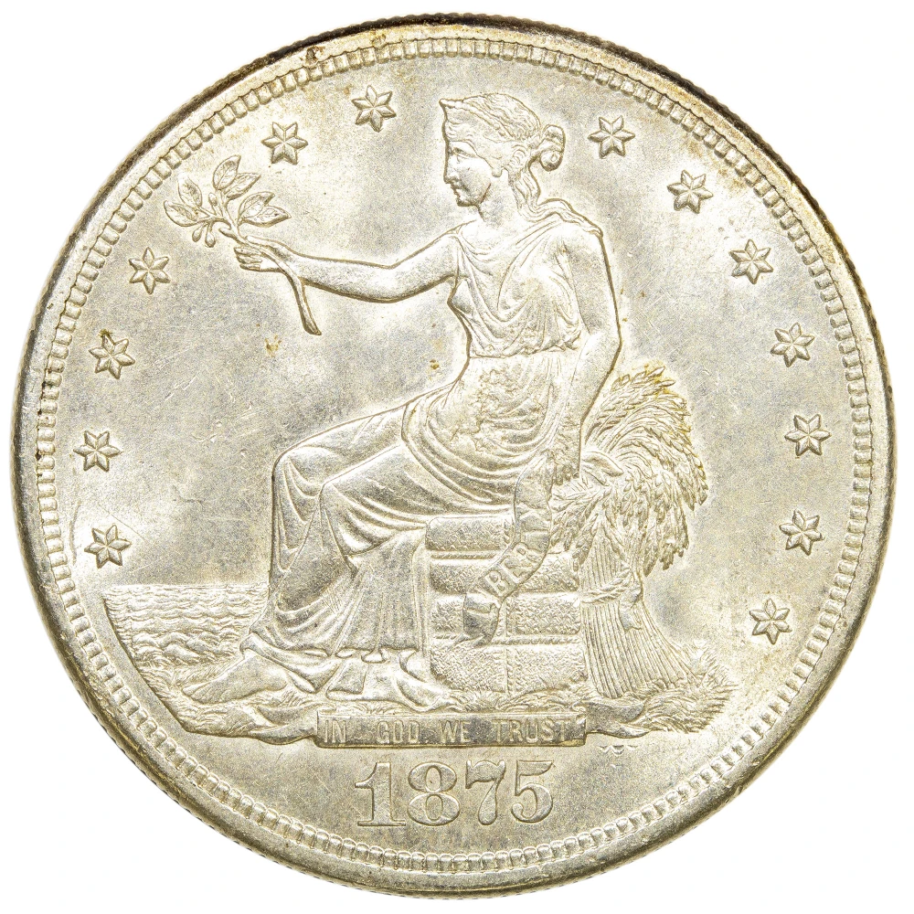 BU-62+ 1875-S Chop Marked Trade Dollar