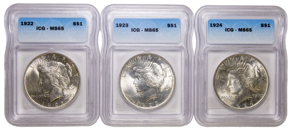 3 Different ICG MS-65 Peace Dollars