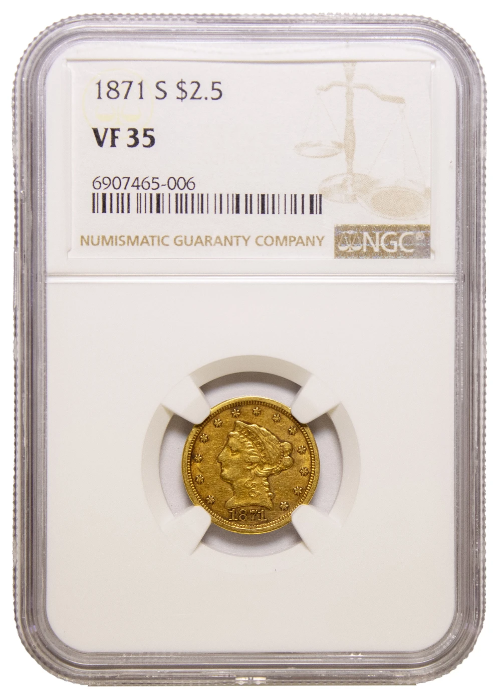 NGC VF-35 1871-S $2.50 Liberty Gold