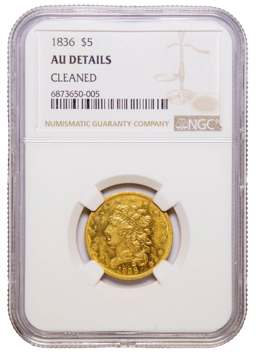 NGC AU Details 1836 $5 Gold Classic Head