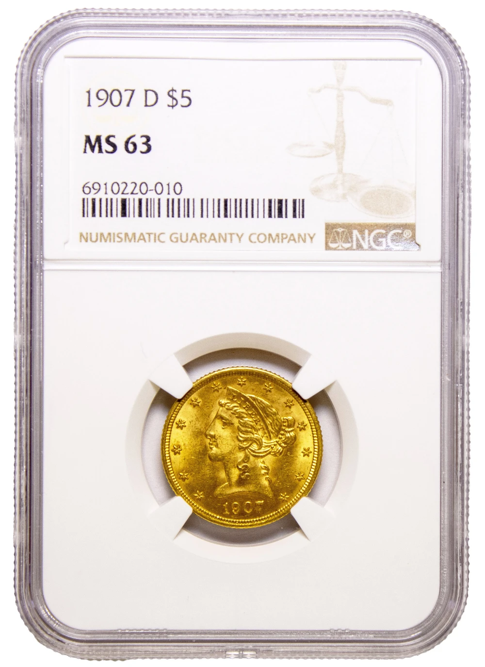 NGC MS-63 1907-D $5 Liberty Gold