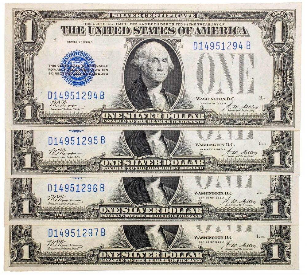 4 Consecutive 1928-A Funny Back $1's