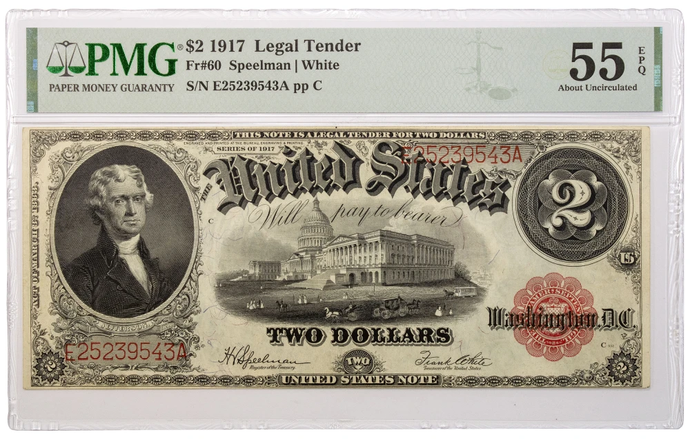 PMG AU-55 EPQ Series 1917 Legal Tender $2 Note