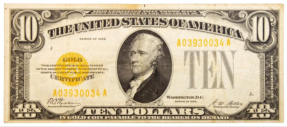 VF+ Series 1928 $10 Gold Certificate