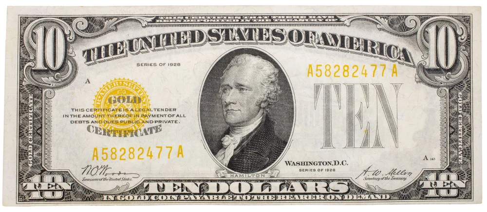 EF/AU 1928 $10 Gold Certificate