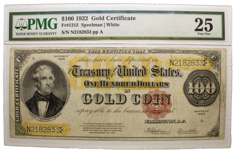 PMG VF-25 1922 $100 Gold Certificate