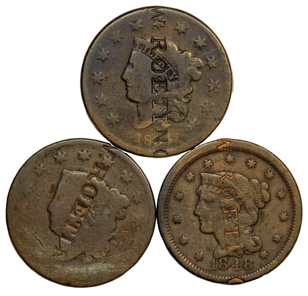 3 Counterstamped Large Cents
