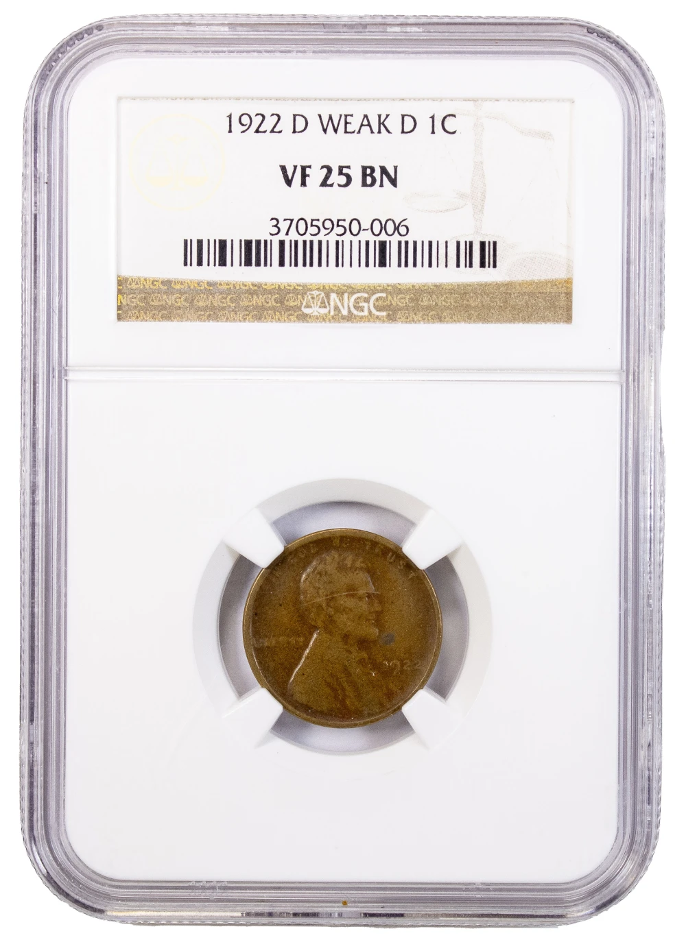 NGC VF-25 1922-D Weak D Lincoln Cent