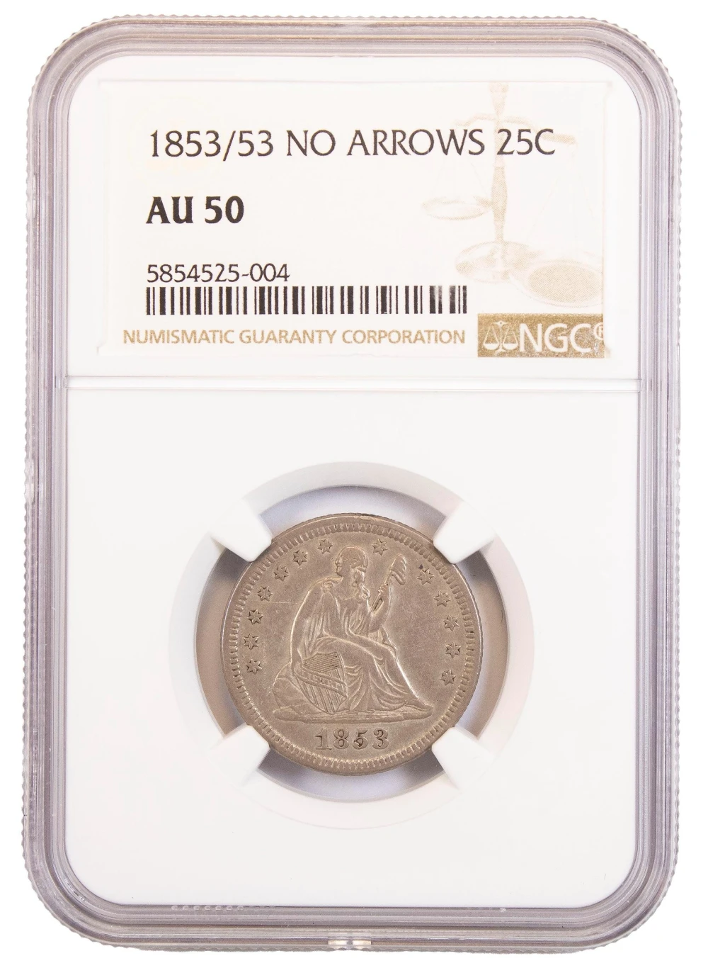 NGC AU-50 1853/53 No Arrows Quarter Rarity