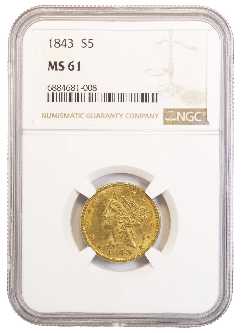 NGC MS-61 1843 $5 Liberty