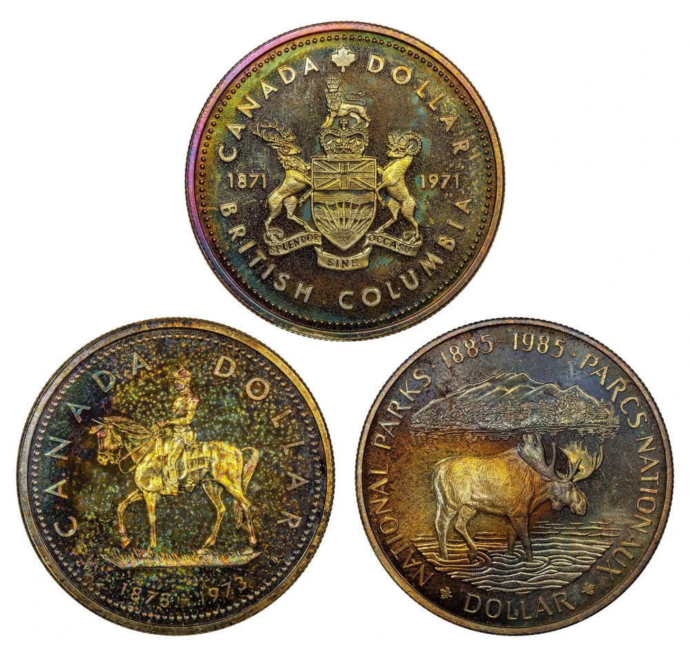 3 Colorful Canadian Silver Dollars